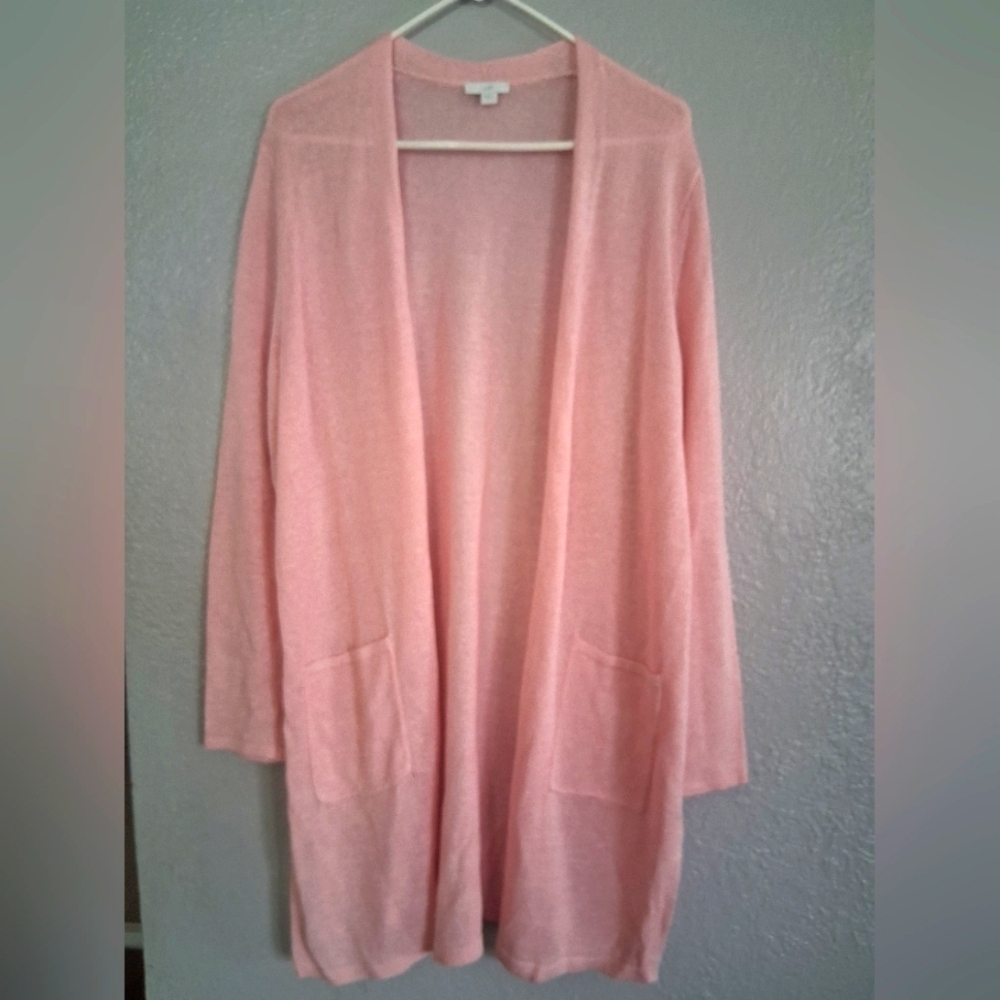 J. Jill L Pink Linen blend Long Line Cardigan With Pockets Classic L